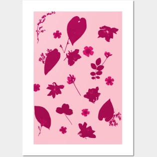 Pink Floral Pressed Flower and Leaf Pattern Posters and Art